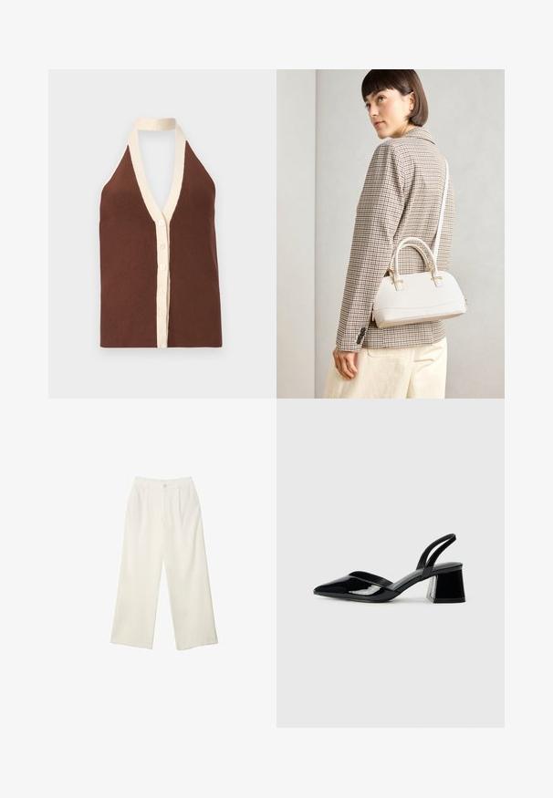 Haut halter côtelé marron avec un décolleté en V profond, un bord crème et un devant à boutons avec cinq boutons. Texture douce.; Pantalons à jambes larges en tissu crème avec une texture lisse, dotés d'un seul bouton à l'avant, de plis subtils et d'un design taille haute.; Escarpins en cuir verni noir avec bout pointu et talon bloc géométrique. Présente un design élégant et minimaliste ainsi qu'une texture lisse.; Sac à main structuré blanc avec de courtes poignées et une bandoulière, doté de accents en métal doré et d'un matériau texturé, présenté sur un fond gris.