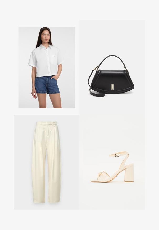 Weißes, kurzes Knopfhemd mit kurzen Ärmeln, ausgestattet mit einer linken Brusttasche und einer glatten Textur. Kombiniert mit Jeansshorts.; Plissierte, hoch taillierte Hose aus leichtem Creme-Stoff. Verfügt über einen geraden Schnitt und eine glatte Textur. Keine Taschen oder sichtbare Beschläge.; Beige Lackleder-Sandalette mit quadrater Zehenpartie, zwei Vorderriemen, einem Knöchelriemen mit Schnalle und einem Blockabsatz.; Schwarze Lederhandtasche mit einem strukturierten Design, das eine verkürzte Form, einen oberen Griff und goldfarbene Hardware-Details aufweist. Verstellbarer Schulterriemen ist enthalten.