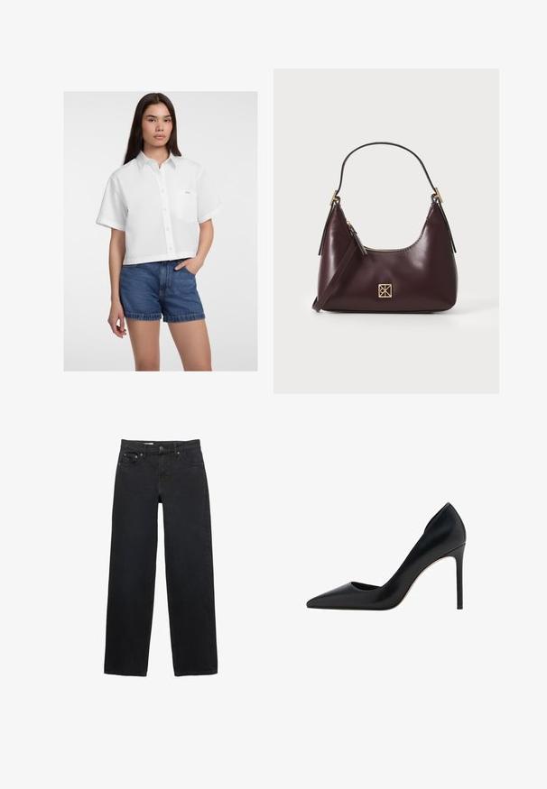 Bijela skraćena košulja s dugim rukavima, s džepom na lijevoj strani i glatkom teksturom. Uparena s traper šortsevima.; Crne traperice širokog kroja napravljene od denima, sa pet džepova, kopčanjem na dugme, suptilnim šavovima i ravnim krojem od struka do rubova.; Mango Visoke pete - black; Bordo kožna torba s zakrivljenim oblikom, zlatni akcenti na hardveru i zatvorena na patentni zatvarač. Ima odvojivi rameni pojas.