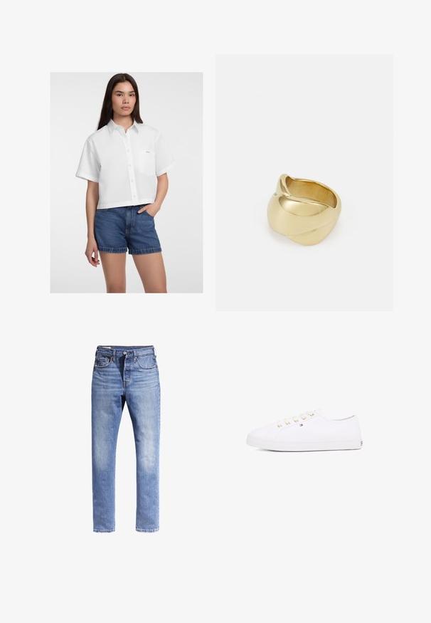 Camicia bianca corta con bottoni e maniche corte, dotata di taschino sul lato sinistro e una texture liscia. Abbinata a pantaloni corti in denim.; Jeans in denim azzurro chiaro con design a gamba dritta, cinque tasche e cuciture a contrasto. Il tessuto appare leggermente consunto.; Sneaker bianco in tela con occhielli dorati, lacci piatti, suola in gomma strutturata e branding minimale sul lato. Design a profilo basso.; Anello color oro con un design liscio e attorcigliato. Presenta una superficie lucida e bordi arrotondati, creando una forma fluida e continua.