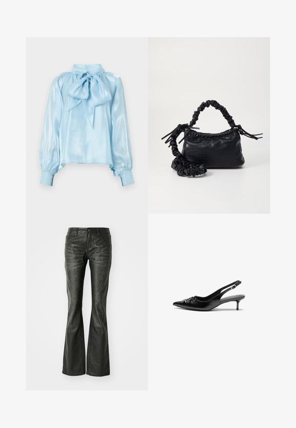 Lys blå satengbluse med høy krage og stor sløyfedetalj ved halsen. Har puffede lange ermer og tettsittende mansjetter. Glatt tekstur.; Sorte falske skinn flared jeans med frontlommer, metallknapplukking og en lett teksturert overflate. Rett ben med lang kutt.; Svarte lær slingback-hæler med spiss tå, lav kitten-hæl og samlet detalj på vristen. Jevn tekstur og minimalistisk design.; Svart faux skinn-håndveske med krokodilletekstur, strammet topp og en rynket stropp. Ser myk og kompakt ut i designen.