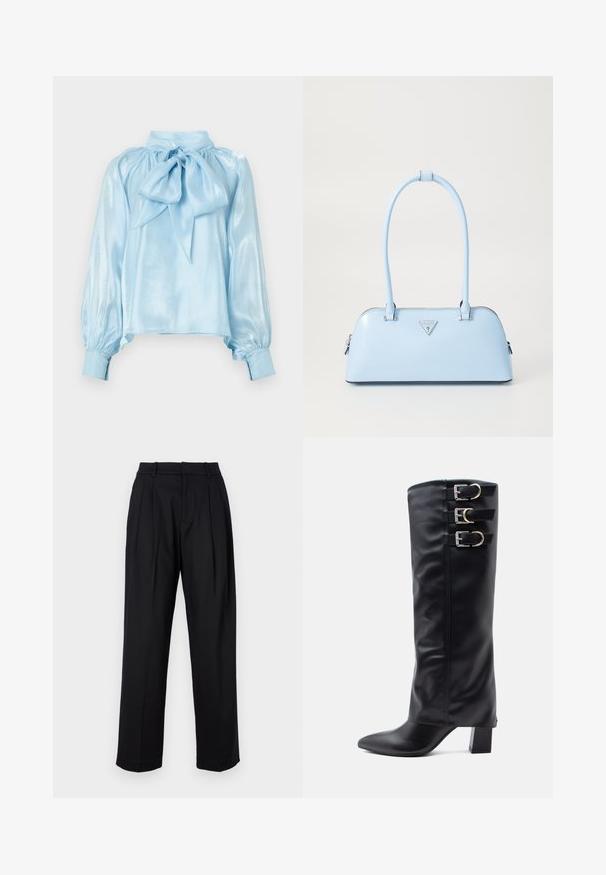 Šviesiai mėlynas satino bliuskas su aukštu apykakle ir didele kaklo juostele. Turi pūsto ilgio rankoves ir priglundančius užtrauktukus. Lygus paviršius.; Juodos kelnės su pritaikytu dizainu, turinčios aukštą liemenį, raukšles ir tiesius džinsus. Pagamintos iš lygaus audinio, vienos spalvos.; Juodos aukštos batai iki kelių, pagaminti iš lygios dirbtinės odos, su smailiu nosiu, šone turintys tris sidabrinius sagtis ir masyviu kulnu.; Šviesiai mėlyna rankinė su struktūriška forma, lygaus odos paviršiaus, dviem rankenomis ir trikampiu prekės ženklo logotipu priekyje. Užtraukiama uždanga.