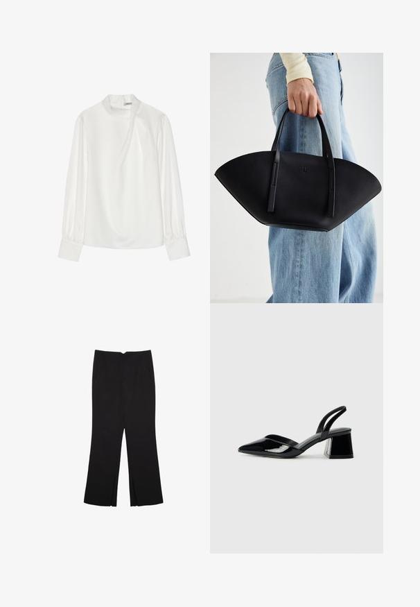 Hvid bluse med høj hals, lange puffærmer og lynlås bagpå. Glat stof med en let glans og subtil drapering.; Sorte bukser med lige pasform, der har frontlommer og slidser i kanten. Lavet af blødt, glat stof. Velegnet til forskellige anledninger.; Sorte patentlæder slingback hæle med spids tå og en geometrisk blok hæl. Har et elegant, minimalistisk design og en glat tekstur.; Sort læderhåndtaske med en unik vifteform, der har flade håndtag. Overfladen har en pebblelignende tekstur og et minimalistisk design.