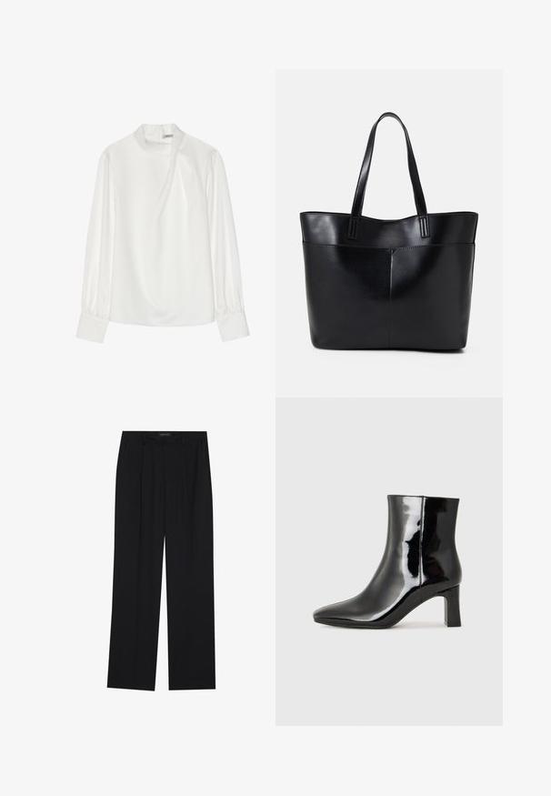 White blouse with a high neckline, long puff sleeves, and a zip closure at the back. Smooth fabric with a slight sheen and subtle drape.; Black trousers with a straight-leg design, featuring two front pockets and a waistband. Made from a smooth, lightweight fabric.; Black patent leather ankle boot with a pointed toe and a mid-height block heel. Smooth texture and minimalist design.; Black leather tote bag with two long handles, a smooth texture, and a structured shape. Features a front pocket for additional storage.