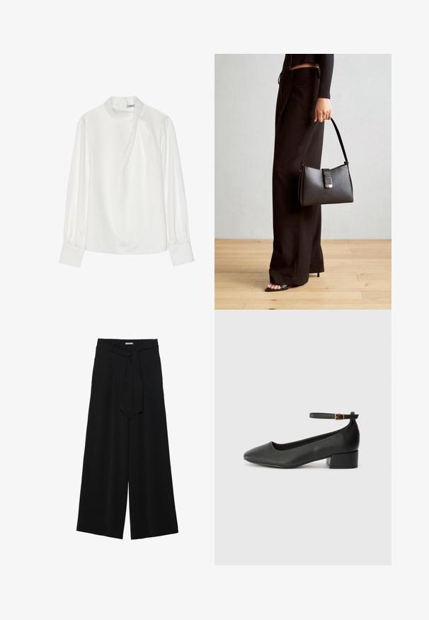 Blouse blanche avec un col montant, des manches longues bouffantes et une fermeture éclair au dos. Tissu lisse avec un léger éclat et une drapé subtile.; Pantalons larges noirs en tissu texturé, avec une taille élastique et une ceinture à nouer amovible à la taille pour un ajustement variable.; Escarpin en cuir noir avec un bout pointu et un petit talon bloc. Doté d'une bride de cheville avec une boucle dorée. Texture lisse.; Sac à main noir à la forme structurée, texture lisse et fermoir métallique. Associé à un pantalon noir ample et des sandales ouvertes sur un sol en bois.