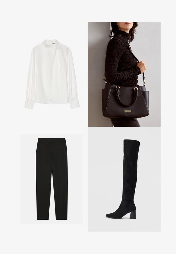 Weiße Bluse mit hohem Ausschnitt, langen Puffärmeln und einem Reißverschluss am Rücken. Glatte Stoffqualität mit leichtem Glanz und subtilem Fall.; Schwarze Hosen mit taillierter Passform, ausgestattet mit seitlichen Taschen und geradem Bein. Hergestellt aus glattem, leichtem Stoff mit einem eleganten Finish.; Schwarze Wildleder-Stiefel bis zum Knie mit Blockabsatz, spitzer Zehe und glattem, nahtlosem Design auf einem schlichten, hellen Hintergrund.; Schwarze Handtasche mit strukturierten Oberflächen, doppelten Obergriffen und verstellbarem Schultergurt. Mit goldfarbener Hardware und Seitentaschen.