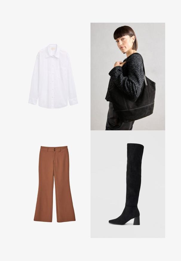 Witte langemouwen shirt van katoen, met een knoopsluiting aan de voorkant, een kraag en een enkele borstzak. Glad, eenvoudig textuur.; Bruine, uitlopende broeken van zacht materiaal. Bevat twee voorknopen en heeft een gladde structuur zonder zichtbare patronen of accenten.; Zwarte suède kniehoge laars met blokhak, spitse neus en een glad, naadloos ontwerp op een effen lichte achtergrond.; Zwarte suede schoudertas met een gladde textuur, gestructureerde vorm en contrasterende stiksels. Voorzien van lange hengsels voor schouderdraag.