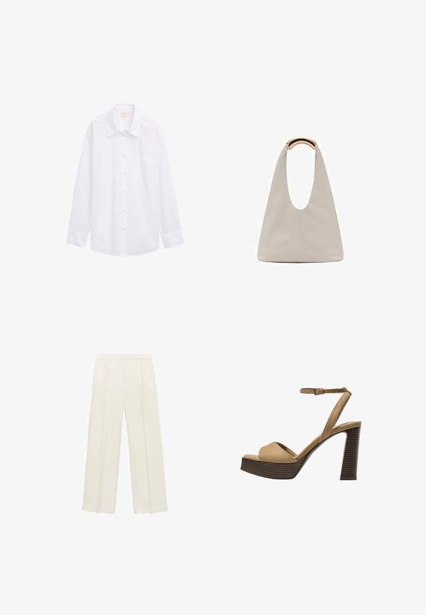 Hvid langærmet skjorte lavet af bomuld, med knaplukning foran, krave og en enkelt brystsæk. Glat, ensartet tekstur.; Bredbenede bukser i en lys cremefarve. Fremstillet af et glat stof med plisseringer foran og sidelommer.; Beige ruskinds højhælede sandaler med en bred foranrem og ankelrem, der har en kraftig træblokhæls struktur.; Lysegrå lædertaske med et U-formet design og et buet metallisk håndtag. Glat tekstur med minimal syning og ingen synlige mønstre.