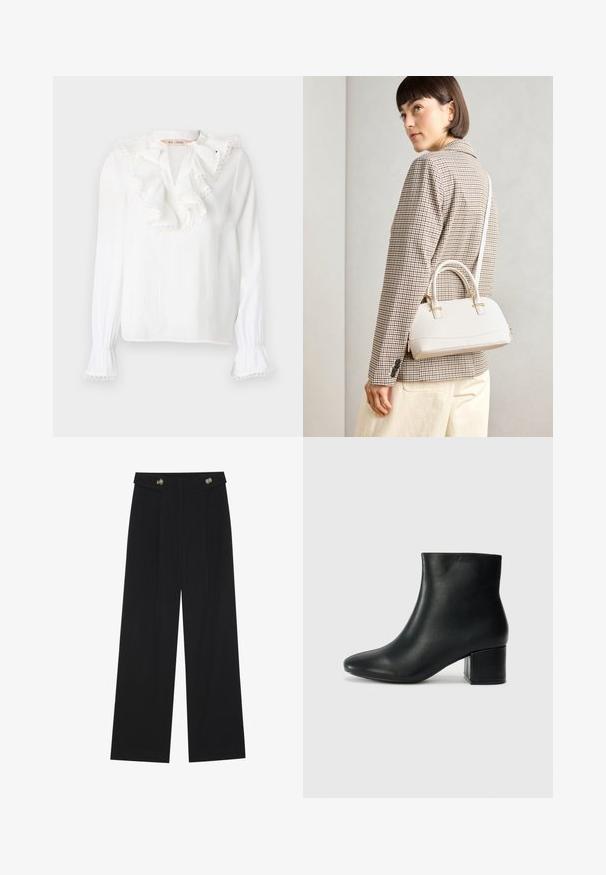 Hvit langermet bluse med rynket halslinje, plissert ermer og subtile bølgekantdetaljer. Laget av lett, strukturert stoff.; Svart vide bukser med høy midje, knappdetaljer på midjebåndet og frontplisser.; Sorte skinn ankelsko med spiss tå og chunky hæl. Glatt tekstur med minimale detaljer og et elegant, tettsittende design.; Hvit strukturert håndveske med korte håndtak og skulderreim, med detaljer i gullfinish og teksturert materiale, vist mot en grå bakgrunn.