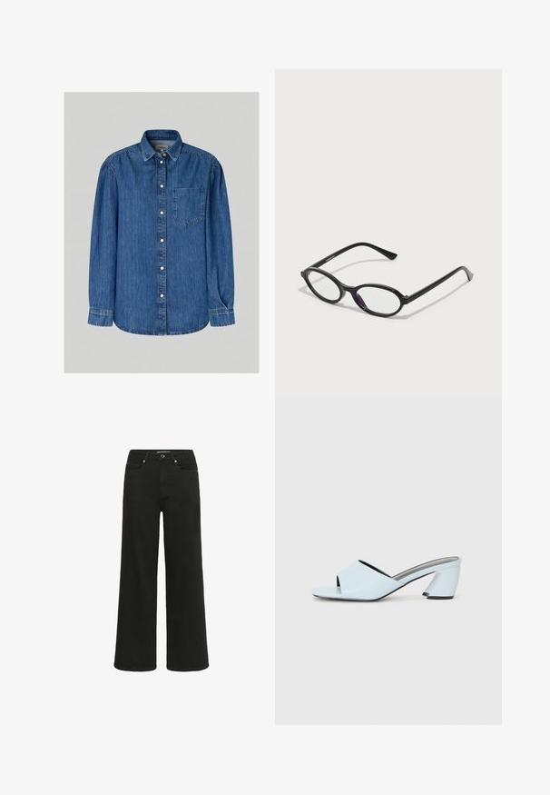 Denim shirt, dark blue, button-up front, long sleeves, single chest pocket, soft texture, round collar, minimal stitching details.; Kaffe MEADOW - Flared Jeans - black deep; Light blue open-toe heeled mules with a geometric design, featuring a wide strap across the foot and a chunky, angular heel.; Black oval-frame glasses with translucent purple accents on the lenses. Frames have a matte finish and slender, straight temples.; Coral leather handbag with a flap closure, adjustable shoulder strap, and a silver-tone hardware accent at the center. Smooth texture.