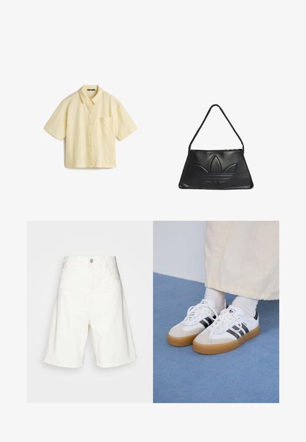 Kortærmet, skjorte med knapper i lys gul, med tekstureret stof, enkelt brystlomme og en let cropped design.; Hvide denimshorts med høj talje, der har knaplukning foran, to sidelommer og en afslappet pasform. Glat tekstur uden synlige mønstre.; Hvide sneakers med sorte striber og beige ruskindsdetaljer. Har en tekstureret gummisål og flade hvide snørebånd, båret med lyse sokker.; Sort læderhåndtaske med trapezform, prydet med et hævet Adidas-logo og en tynd skulderrem. Lynlåslukning øverst.