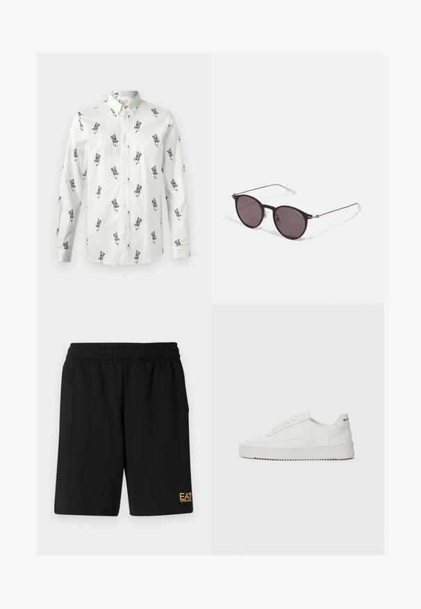 Camicia bianca con bottoni, motivo floreale nero, maniche lunghe e colletto a bottoni. Tessuto morbido con vestibilità rilassata. Presenta un sottile bottone di accento arancione.; T-shirt in cotone nero con scollatura rotonda, maniche corte e logo "EMPORIO ARMANI" in bianco sopra "Milano" in una disposizione curva.; Pantaloni sportivi neri realizzati in tessuto morbido, con vita elastica e un piccolo logo EA7 giallo sulla parte bassa della gamba sinistra.; Sneaker in pelle bianca con una finitura liscia, punta rotonda, lacci piatti e suola testurizzata. Presenta un logo discreto sul tallone.; Occhiali da sole neri rotondi con lenti scure e sottili bracci in metallo. Include punte trasparenti e accenti argentati alla cerniera. Design minimalista.