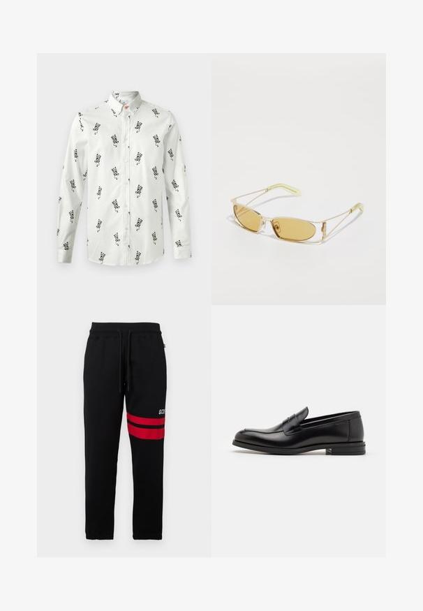 Balts krekls ar melnu ziedu rakstu, garām piedurknēm un pogu apkakli. Gluda auduma, brīva piegriezuma. Ievērojama smalka oranža pogu akcenta klātbūtne.; Melni treniņbikses ar kontrastējošām sarkanām svītrām un logotipu sānos. Iekļauj elastīgu jostasvietu ar auklu un sašaurinātas potītes.; Melnas ādas kurpes ar gludu tekstūru, noapaļu purngalu un dekoratīvu siksniņu pāri priekšpusei. Zems sakrauts papēdis, minimālisma dizains.; Dzeltenā tonēti saulesbrilles ar caurspīdīgu zelta rāmi, smalku taisnstūra formu un leņķotām kājām ar gaiši zaļiem akcentiem.
