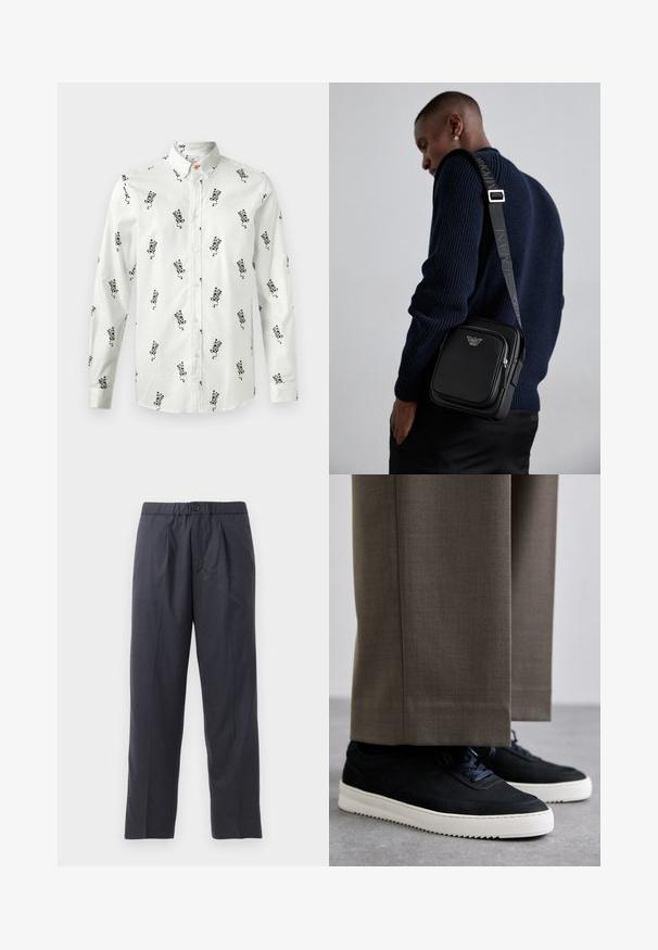 Biała koszula z długim rękawem, z czarnym florystycznym wzorem i kołnierzykiem na guziki. Gładki materiał o luźnym kroju. Zawiera subtelny guzik w pomarańczowym odcieniu.; Ciemnoniebieskie spodnie z miękkiego materiału z plisowanym przodem i elastyczną talią. Posiadają zapięcie na guzik i prostą nogawkę.; Czarne zamszowe sneakersy z białymi gumowymi podeszwami, z zaokrąglonym noskiem i sznurówkami, noszone z szarymi dopasowanymi spodniami.; Czarna skórzana torba na ramię z zamykaną kieszenią, detalem z logo i regulowanym paskiem z logo. Nosi ona na tle teksturowanego granatowego swetra.