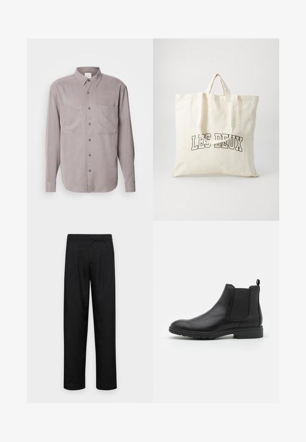 Long-sleeve button-up shirt in muted gray fabric, featuring two chest pockets, a classic collar, and tonal button closures.; Black trousers made of smooth fabric, featuring a straight-leg design, two front pleats, and standard waistband with belt loops.; Black leather Chelsea boot with elastic side panels and a pull tab, featuring a rounded toe and textured rubber sole.; Canvas tote bag in off-white, featuring short handles and the printed text "LES DEUX" in bold black letters. Durable, simple design.