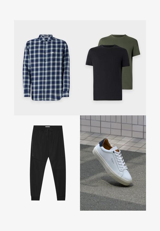 Blå och vit rutig skjorta med knappar, i bomull, långa ärmar, med en liten logotag på vänster bröst. Klassisk krage.; Två crew-neck t-shirts i svart och olivgrön, tillverkade av mjukt bomullstyg. Designen är enkel med korta ärmar och rak passform.; Svarta träningsbyxor i texturerad tyg, med justerbart midjeband, ficka med dragkedja på sidan och avsmalnande muddar.; Vita lädersneakers med en marinblå häl, rund tå och kontrasterande bruna detaljer. Har plana snören och en texturerad gummisula.