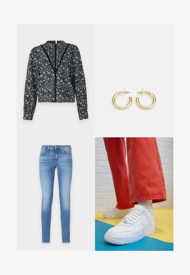 Blouse noire à motifs floraux légers bleus et verts, manches longues, col haut et fermeture centrale avec des détails en dentelle.; Jeans en denim bleu clair ajustés avec taille mi-haute, bouton frontal et design à cinq poches.; Baskets blanches en cuir avec une boîte à orteils perforée, semelle texturée et lacets blancs, associées à un large pantalon rouge et un fond bleu et jaune.; Boucles d'oreilles en or avec une finition lisse et brillante. Design circulaire présentant un petit clou et une attache transparente pour un port sécurisé.