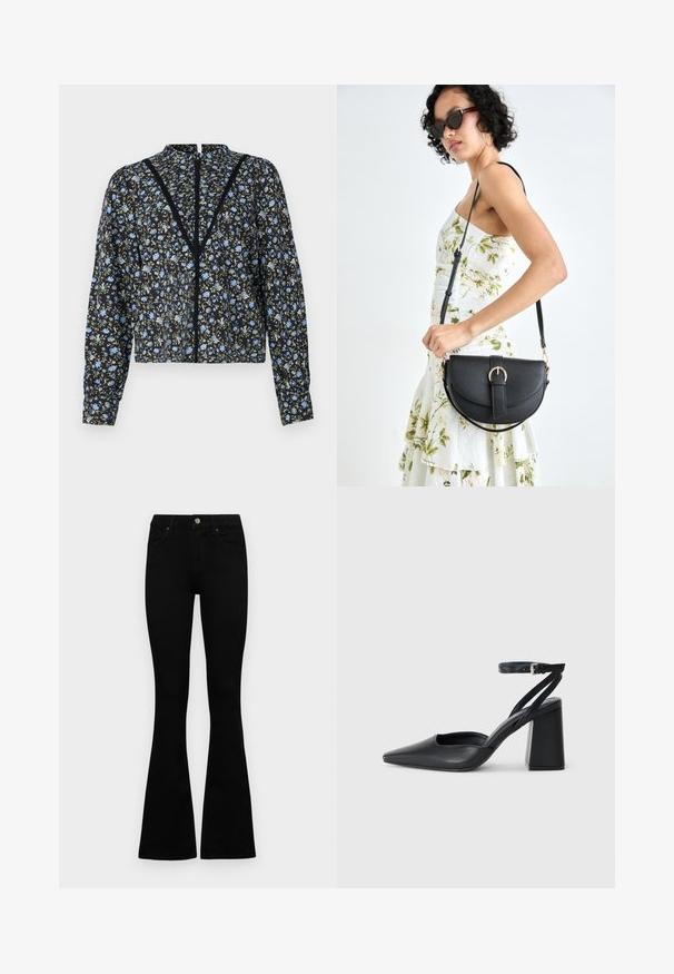 Juoda gėlėta bluzonė su šviesiai mėlynos ir žalios spalvos raštais, ilgomis rankovėmis, aukštu kaklu ir centriniu uždarymu su nėriniais.; Juodos aukšto liemens džinsai su mygtuku ir užtrauktuku, priekinėmis kišenėmis ir platėjančiomis kojomis, išdėstyti ant baltos fono.; Juoda odinė smailiagalė aukštakulnio bateliai su kulkšnies dirželiu ir storu kulnu. Lygus paviršius, elegantiškas dizainas ir minimalistiška estetinė. ; Juodas odinis krepšys su išlenkta forma, nuimamu dirželiu ir auksiniais detalėmis. Krepšys turi kilpą su sagtimi.