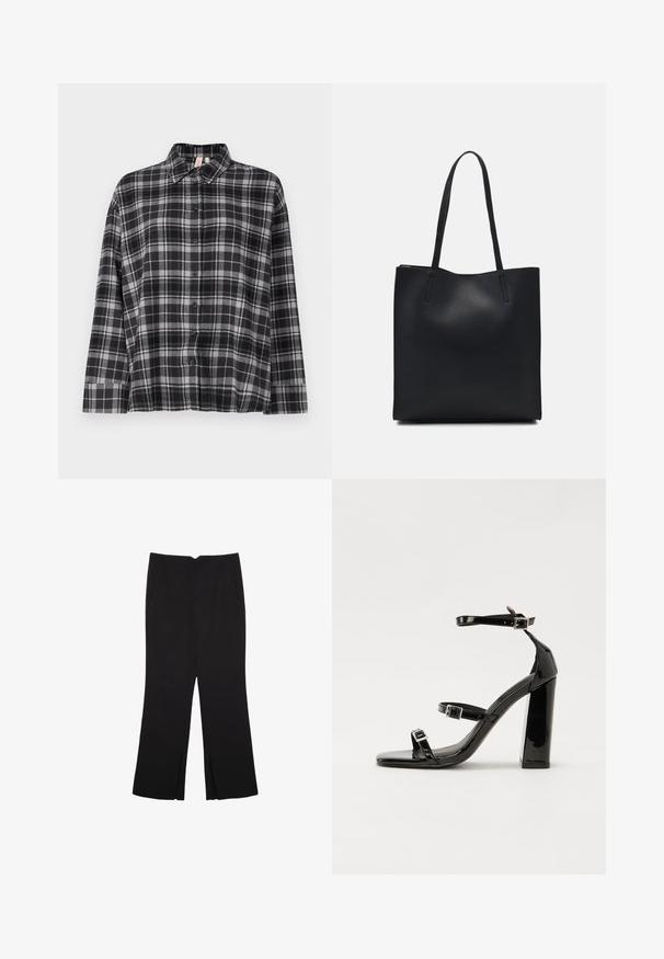 Camicia button-up a quadri neri e grigi con colletto, maniche lunghe e vestibilità rilassata. Il tessuto sembra morbido con una leggera texture.; Pantaloni neri a gamba dritta, con tasche frontali e spacchi laterali all'orlo. Realizzati in tessuto morbido e liscio. Adatti a diverse occasioni.; Sandali con tacco alto in vernice nera con due cinturini con fibbia, punta quadrata e tacco spesso a blocco, caratterizzati da una texture liscia e lucida.; Borsa tote in pelle nera con texture liscia, forma rettangolare e due manici lunghi. Nessun hardware o decorazione visibile.