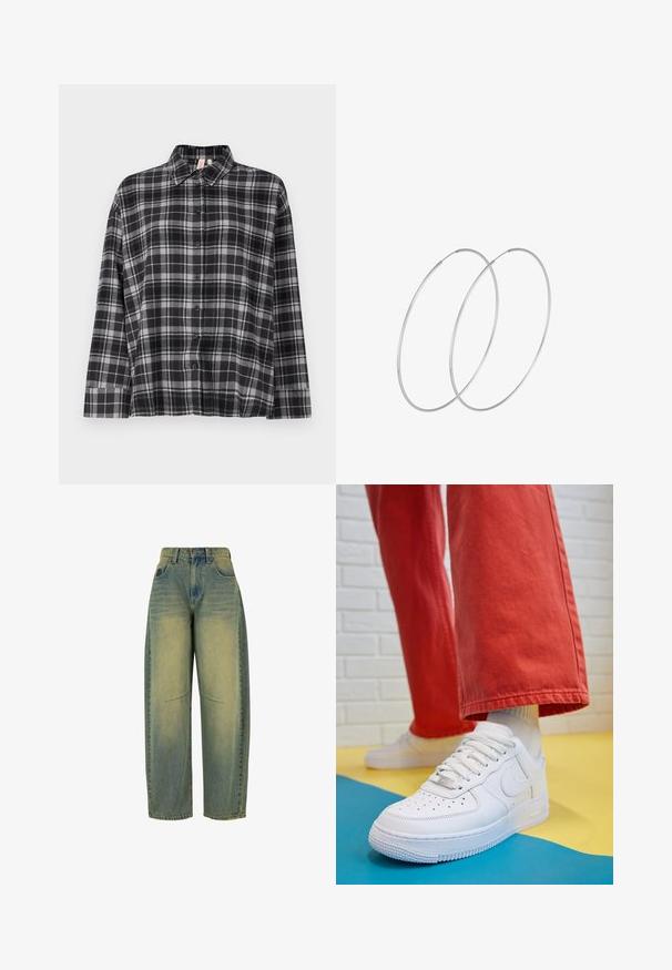Černá a šedá kostičkovaná košile s límečkem, dlouhými rukávy a volným střihem. Tkanina vypadá měkce s mírnou strukturou.; Džínové kalhoty s širokými nohavicemi v světle modré barvě s vybledlým efektem. Obsahují pět kapes a mají vysoký pas. Čistý lem a decentní švy.; Bílé kožené tenisky s perforovanou špičkou, texturovanou podešví a bílými tkaničkami, v kombinaci s širokými červenými kalhotami a modro-žlutým pozadím.; Stříbrné kruhové náušnice s minimalistickým designem. Kruh, hladký povrch a tenký profil. Lehká konstrukce s lesklým povrchem.