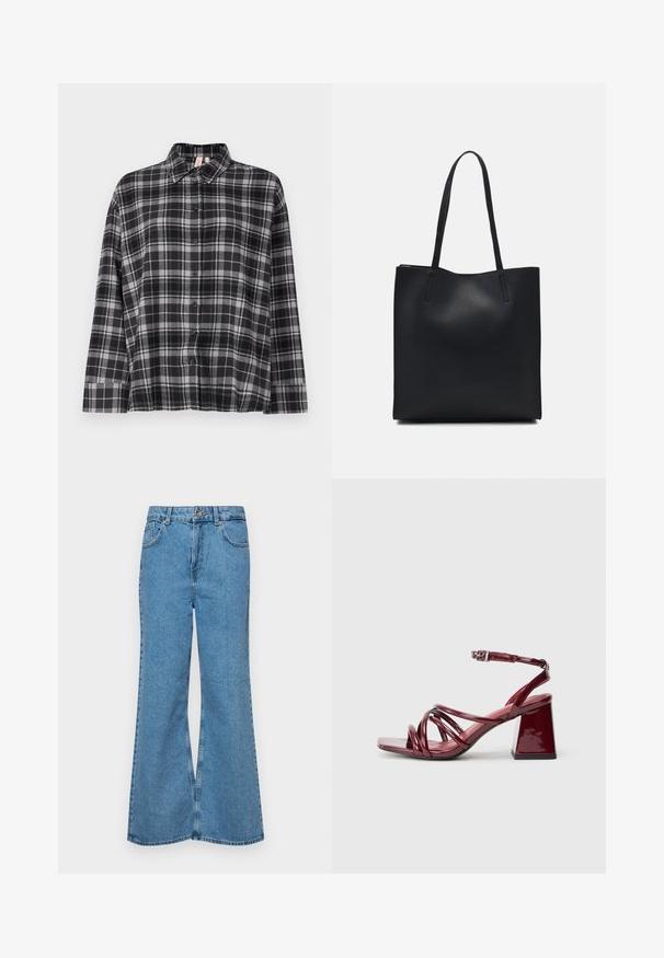 Juodos ir pilkos langeliais marškiniai su apykakle, ilgomis rankovėmis ir laisva danga. Audinys atrodo minkštas su lengva tekstūra.; Šviesiai mėlynos flared džinsai, pagaminti iš džinsinio audinio, su aukštu liemeniu, penkiomis kišenėmis ir vienu mygtuko užsegimu. Minkštas paviršius su išblukusiu efektu.; Patentinių bordo spalvos aukštakulnių sandalų su kvadratiniu pirštu dizainas apima daugybę susipynusių dirželių ir masyvų blokinį kulną. Reguliuojamas kulkšnies dirželis.; Juodas odinis tote krepšys su lygia tekstūra, stačiakampio formos ir dviem ilgais rankenomis. Matomų metalinių detalių ar puošybos nėra.