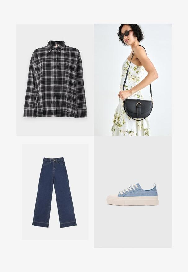 Juodos ir pilkos langeliais marškiniai su apykakle, ilgomis rankovėmis ir laisva danga. Audinys atrodo minkštas su lengva tekstūra.; Plati džinsai tamsiai mėlynos denimo. Yra penki kišenės, diržo kilpos ir apatinė briauna su matomais siuvimo detalėmis.; Šviesiai mėlyni drobės sportbačiai su kreminiu guminiu pirštų apsaugos ir pado elementu, balti raišteliai ir kilpa ant kulno.; Juodas odinis krepšys su išlenkta forma, nuimamu dirželiu ir auksiniais detalėmis. Krepšys turi kilpą su sagtimi.