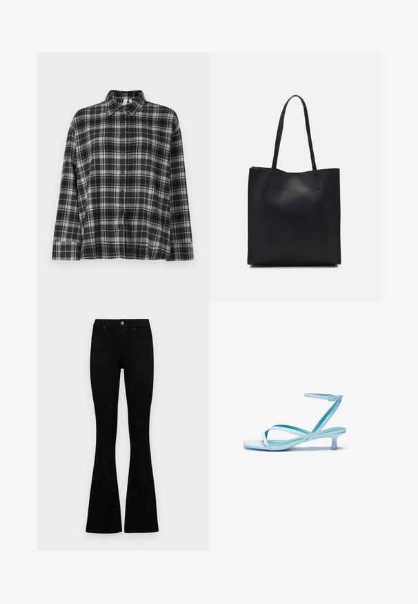 Camicia button-up a quadri neri e grigi con colletto, maniche lunghe e vestibilità rilassata. Il tessuto sembra morbido con una leggera texture.; Jeans neri a vita alta con chiusura a bottoni e zip, tasche frontali e gambali svasati, distesi su uno sfondo bianco.; Sandalini azzurri con cinturini, punta quadrata, tacco basso, cinturino alla caviglia regolabile e finitura liscia e lucida. Cinturini incrociati sulla suola.; Borsa tote in pelle nera con texture liscia, forma rettangolare e due manici lunghi. Nessun hardware o decorazione visibile.