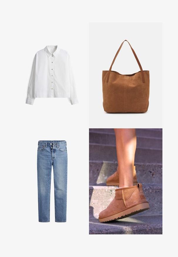 Camicia bianca con bottoni e maniche lunghe, con un design ricamato sulle maniche e un colletto classico. Realizzata in tessuto leggero.; Jeans in denim blu chiaro con taglio dritto, design a cinque tasche e chiusura con bottone. Presentano una leggera sbiaditura e dettagli in cucitura arancione.; Stivali alla caviglia in suede beige con una consistenza morbida, dettagli cuciti e suola in gomma, dotati di un tacco ad anello per una facile vestibilità.; Borsa a spalla in suede marrone con due manici lunghi, caratterizzata da una texture liscia, design semplice e senza hardware o dettagli visibili.