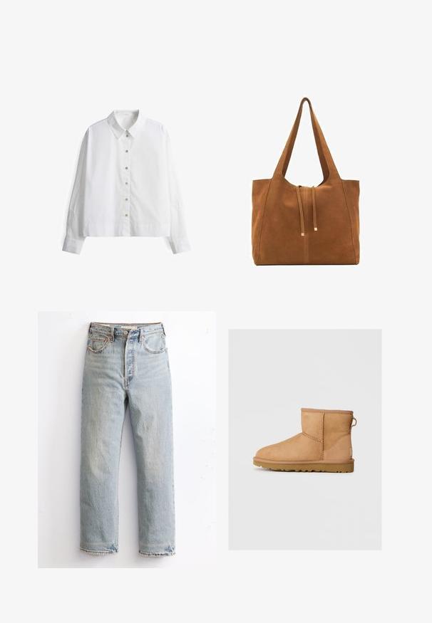 Weißes Hemd mit langen Ärmeln, verziert mit einer gestickten Design auf den Ärmeln und einem klassischen Kragen. Hergestellt aus leichtem Stoff.; Helle blaue Jeans mit geradem Bein, ausgestattet mit einem ausgefransten Saum, kupfernen Nieten und einem klassischen Fünf-Taschen-Design.; Hellbraune Wildleder-Stiefeletten mit runder Zehenpartie, genähten Details, Ziehschlaufe an der Rückseite und einer strukturierten Gummisohle. Entwickelt für Komfort und Wärme.; Braune Wildleder-Tasche mit zwei langen Trägern, Zugverschluss und minimalistischem Design. Glatte Textur und keine sichtbaren Hardware-Details.