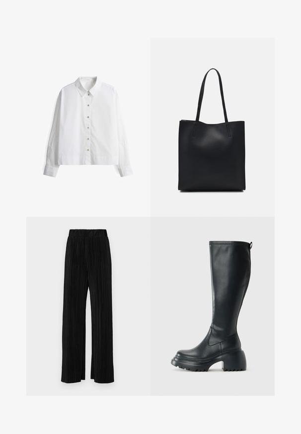 Weißes Hemd mit langen Ärmeln, verziert mit einer gestickten Design auf den Ärmeln und einem klassischen Kragen. Hergestellt aus leichtem Stoff.; Schwarze plissierte Hose mit elastischem Bund. Verfügt über weite Hosenbeine und einen glatten, strukturierten Stoff mit vertikalen Streifen.; Hoher schwarzer Lederstiefel mit einer robusten Plateausohle und Blockabsatz, der über eine Zuglasche und ein strukturiertes Profil an der Außensohle verfügt.; Schwarze Laptoptasche aus Leder mit glatter Textur, rechteckiger Form und zwei langen Griffen. Keine sichtbaren Beschläge oder Verzierungen.