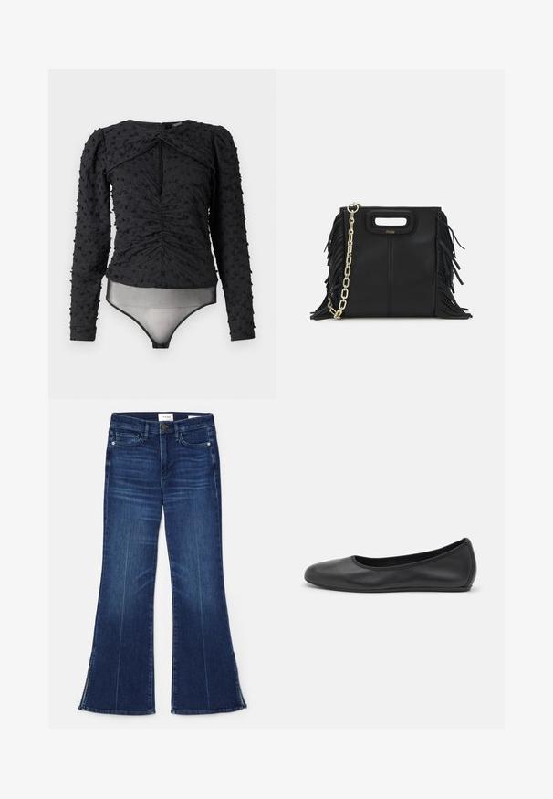 Hofmann Copenhagen EXCLUSIVE ALEXANDRA - Blúz - black; Sötétkék, trapéz fazonú farmernadrág, amelyek denim anyagból készültek. Magas derekú, elöl zsebekkel és részekkel a szegésnél. Klasszikus, öt zsebes kialakítás.; Fekete bőr balettcipő lekerekített orral, sima tekstúrával, minimális varrással és rugalmas talp kialakítással.; Fekete bőr kézitáska, frufrus részletekkel, arany láncos vállpánttal és kivágott fogantyúval. Az elülső részen logó található.