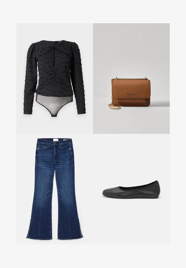 Hofmann Copenhagen EXCLUSIVE ALEXANDRA - Blůza - black; Tmavě modré zvonové džíny vyrobené z denimu. Mají vysoký pas, přední kapsy a rozparky na lemu. Klasický design s pěti kapsami.; Černé kožené baletní byty s kulatou špičkou, hladkou texturou, minimálními švy a flexibilním designem podrážky.; Hnědá texturovaná kožená kabelka přes rameno se zlatým řetízkovým popruhem a klopnovým uzavíráním. Přední strana obsahuje detail loga a kapsu pod klopou.