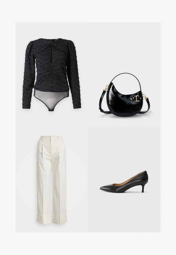 Hofmann Copenhagen EXCLUSIVE ALEXANDRA - Pluus - black; Valged kohandatud püksid, millel on kõrge talje, topeltesine voldid ja laiad sääred volditud äärtega. Valmistatud siledast, tekstureeritud kangast.; Must musta musta, millel on terav nina, madal konts ja sile tekstuur. Omab pisut avatud osa ees ja minimaalset riistvara taga.; Must musta nahk käekott kumerate joontega, reguleeritava rihmaga ja kuldse tooniga detailidega küljel. Sile, särav tekstuur.