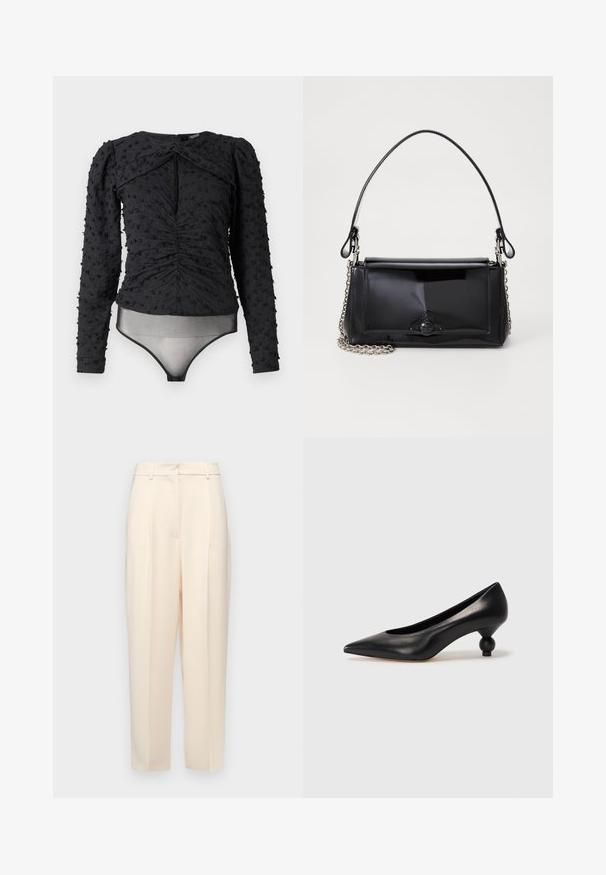 Hofmann Copenhagen EXCLUSIVE ALEXANDRA - Blúzka - black; Béžové nohavice na mieru s rovnom strihom, so záhybmi vpredu, hladkým textúrom a stredným pásom. Bez viditeľných vreciek.; Čierna kožená vysoká topánka na podpätku s ostrým špičkou a okrúhlym, guľatým podpätkom. Hladký povrch s moderným, minimalistickým dizajnom.; Čierna laková kožená kabelka s obdĺžnikovým tvarom, reťazovým popruhom a výrazným hardvérovým prvkom v strede. Hladká textúra.