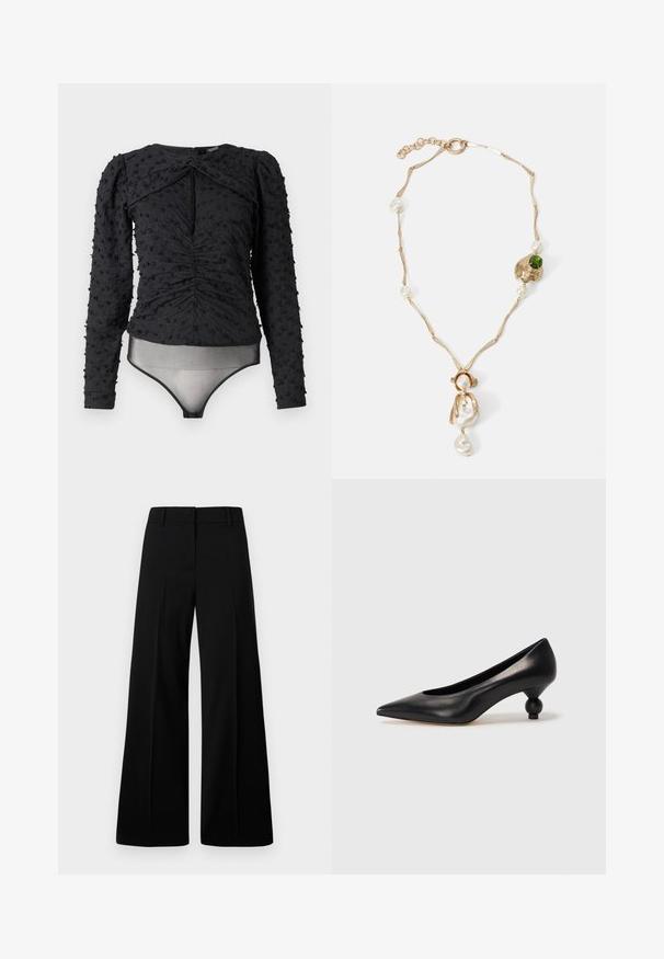 Hofmann Copenhagen EXCLUSIVE ALEXANDRA - Palaidinė - black; Juodos plačios kelnės su lygaus paviršiaus tekstūra, struktūritu liemeniu ir priekiniu raukšlėjimu. Minimalistinis dizainas be matomų detalių.; Juoda odinė aukštakulnė bateliai su smailiu pirštu ir apvaliu, iškiliu kulnu. Lygus paviršius su elegantišku, minimalistiniu dizainu.; Auksinės spalvos apyrankė su susuktomis grandinėmis, baltais perlais ir žaliuoju akmeniu. Pasižymi sudėtingais detalėmis ir užsegimu.