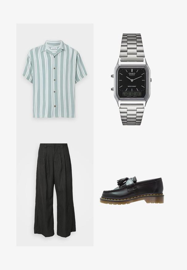 Cămașă cu mâneci scurte, cu dungi verticale verzi și albe, dintr-un material ușor. Prezintă o croială lejeră și nasturi maro.; Pantaloni largi cu dungi negre, cu pliuri, având un design croit și o textură moale. Fără detalii sau accente vizibile.; Mocasini din piele neagră cu un finisaj texturat, având un ciucure decorativ și cusături contrastante de culoare galbenă, pe un toc masiv, transparent.; Ceas de quartz din oțel inoxidabil argintiu, cu un cadran rectangular negru, având ace analogice, afișaj digital și etichetă de rezistență la apă.