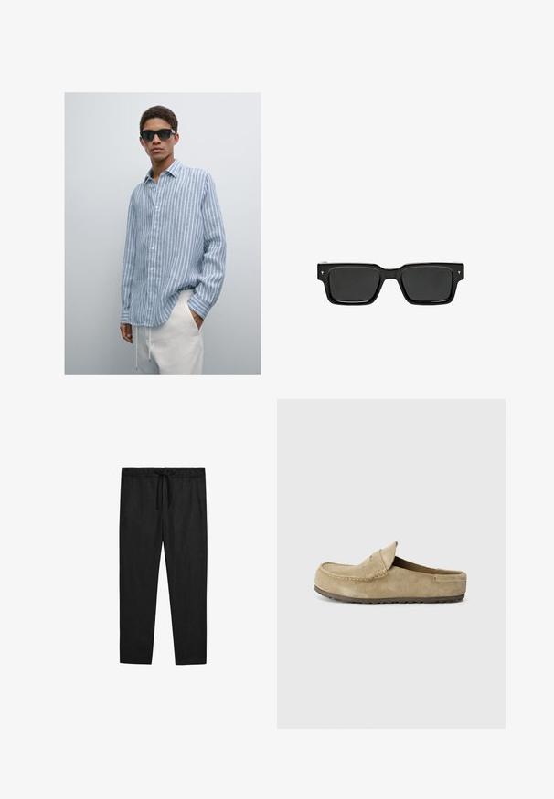Hellblauses gestreiftes Hemd aus leichtem Stoff, mit Knopfleiste und Kragen, langen Ärmeln, getragen mit cremefarbenen Hosen. Schwarze Sonnenbrille.; Massimo Dutti JOGGER FIT - Stoffhose - black; Birkenstock NAPLES WRAPPED LEVE TAUPEN - REGULAR - Pantolette flach - taupe; Schwarze rechteckige Sonnenbrille mit dunklen Gläsern, glänzendem Kunststoffrahmen und kleinen Signaturakzenten an den Bügeln. Flaches Profil und scharfe Ecken.