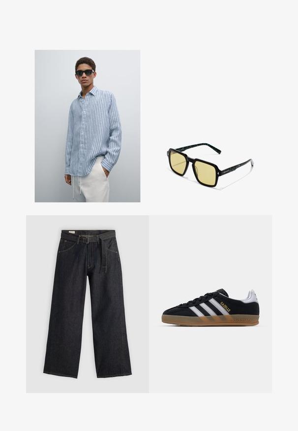 Hellblauses gestreiftes Hemd aus leichtem Stoff, mit Knopfleiste und Kragen, langen Ärmeln, getragen mit cremefarbenen Hosen. Schwarze Sonnenbrille.; Dunkelblaue Denim-Hosen mit weitem Bein und einem taillierten Gürtel, ausgestattet mit Vordertaschen und kontrastierender Naht. Glatte Textur mit einem schlichten Design.; Schwarze Wildleder-Sneaker mit weißen Streifen, beigem Gummisohle und goldfarbenem "Gazelle"-Logo. Klassisches Low-Top-Design mit strukturierter Oberseite.; Quadratische Sonnenbrille mit dickem schwarzem Rahmen, gelb getönten Gläsern und gemusterten grünen Akzenten an den Bügeln. Verfügt über eine glänzende Oberfläche.; Digitaler Casio-Uhr mit Edelstahlband. Schwarzes Zifferblatt zeigt Uhrzeit und Wochentag an, hat Tasten an der Seite und ist wasserdicht.