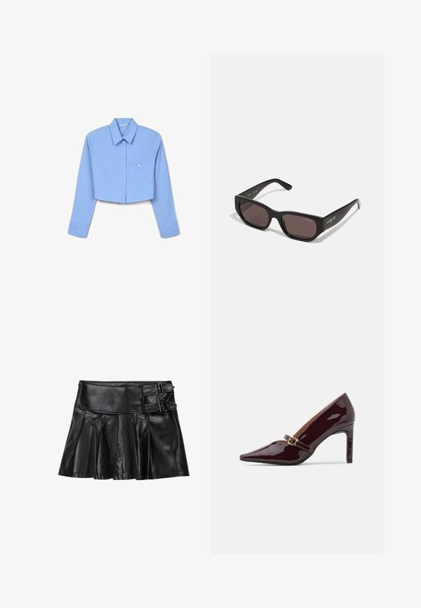 Blusa blu cropped realizzata in tessuto leggero, con maniche lunghe, colletto a punta e tasca sul petto con dettaglio a bottone.; Gonna in pelle nera con pieghe, cintura ampia e due dettagli con fibbia ai lati. Texture liscia con una finitura lucida.; Scarpa con tacco alto color bordeaux con punta affilata, cinturino alla caviglia con finiture in oro e una superficie liscia e lucida. Tacco a stiletto elevato.; Occhiali da sole rettangolari neri con lenti scure. Presentano una montatura in plastica liscia e un dettaglio del logo sulla tempia. Design pulito e moderno.; Borsa borgogna realizzata in materiale sintetico con un design strutturato, dotata di tracolla removibile e un foulard a motivi floreali legato al manico.