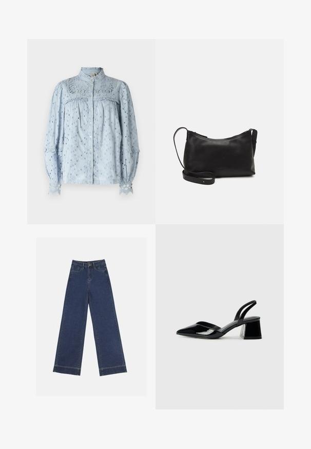 Light blue embroidered blouse featuring a high neck, button closure, and ruffle details. Long sleeves with intricate lace accents.; Wide-leg jeans in dark blue denim. Features five pockets, belt loops, and a raw hem at the bottom with visible stitching details.; Black patent leather slingback heels with a pointed toe and a geometric block heel. Features a sleek, minimal design and smooth texture.; Black leather shoulder bag with a smooth texture, curved shape, adjustable strap, and a zip closure. Minimalist design without embellishments.