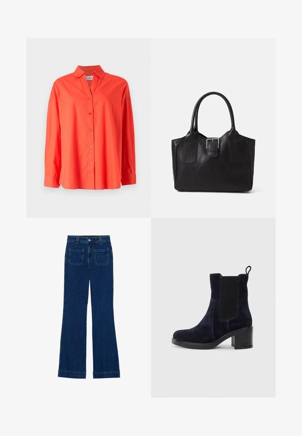 Cămașă cu mânecă lungă și nasturi, de culoare corai vibrant, din bumbac ușor. Are un guler ascuțit și o croială lejeră, cu tivul curbat.; Jeans din denim cu fason evazat, de culoare albastru închis, cu o textură netedă, design cu cinci buzunare și închidere cu nasture la talie.; Botine din suede de culoare bleumarin, cu panou elastic pe lateral, vârf rotunjit și toc pătrat. Materialul texturat și talpa netedă oferă un contrast.; Geantă tote din piele neagră cu textură netedă, formă structurată, două mânere și un detaliu proeminent din aliaj de argint pe partea din față.