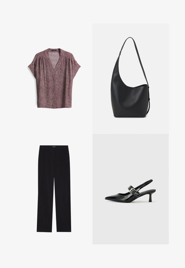 Blusa bordeaux con maniche corte, scollatura a V, tessuto leggero con un motivo astratto bianco e dettagli arricciati sulle spalle.; Pantaloni in corduroy neri con taglio dritto, dotati di vita piatta e senza tasche visibili, texture liscia e dettaglio a righe verticali.; Décolleté neri in vernice con punta affilata e tacco a blocco piccolo, dotati di un accentuato con fibbia argentata sulla cinturino.; Borsa hobo nera in pelle con una superficie liscia, forma curvata e una singola tracolla regolabile; presenta un'ampia apertura nella parte superiore.