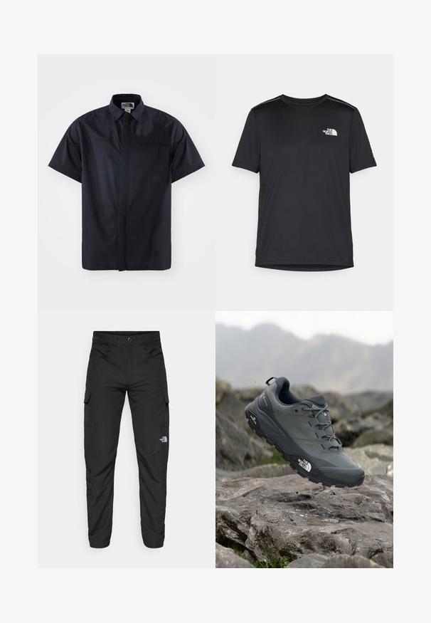 Trumpas rankovės mygtukų užsegimas tamsiai mėlynos spalvos audinyje su lygiu paviršiumi. turi klasikinį apykaklę ir priekinį užsegimą, logotipas ant krūtinės.; Juodas trumpas rankovės marškinėliai, pagaminti iš lengvos medžiagos. Yra mažas baltas logotipas kairiajame krūtinės pusėje ir subtilūs pečių akcentai.; The North Face HORIZON PANT - Lauko kelnės - black; Pilkas bėgimo batelis su tekstūruota viršutine dalimi, tvirtu guminio pado ir sustiprinta nosimi. Turi raištelius ir prekės ženklo logotipą šone.