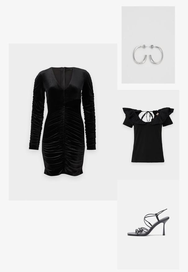 Fekete póló rövid ujjal, széles fodros nyakkivágással és hátsó megkötővel. Sima textura, klasszikus fazon és minimalista design.; Fekete bársonyruha hosszú puffos ujjaival, mély V-kivágással és ráncolt részletekkel az elején. Cipzáras zárás hátul. Sima textúra.; Fekete magas sarkú szandálok vékony pántokkal, csomózott mintával, sima négyzetes orral és karcsú stiletto sarkal rendelkeznek.; Világosszürke fémes kézitáska lánc pánttal, kis kör alakú fém kifinomult díszítéssel és háromszög alakú márkagéppel.; Ezüst karika fülbevalók sima, fényes felülettel. Lekerekített forma, könnyű kialakítással, tűs zárómechanizmussal.