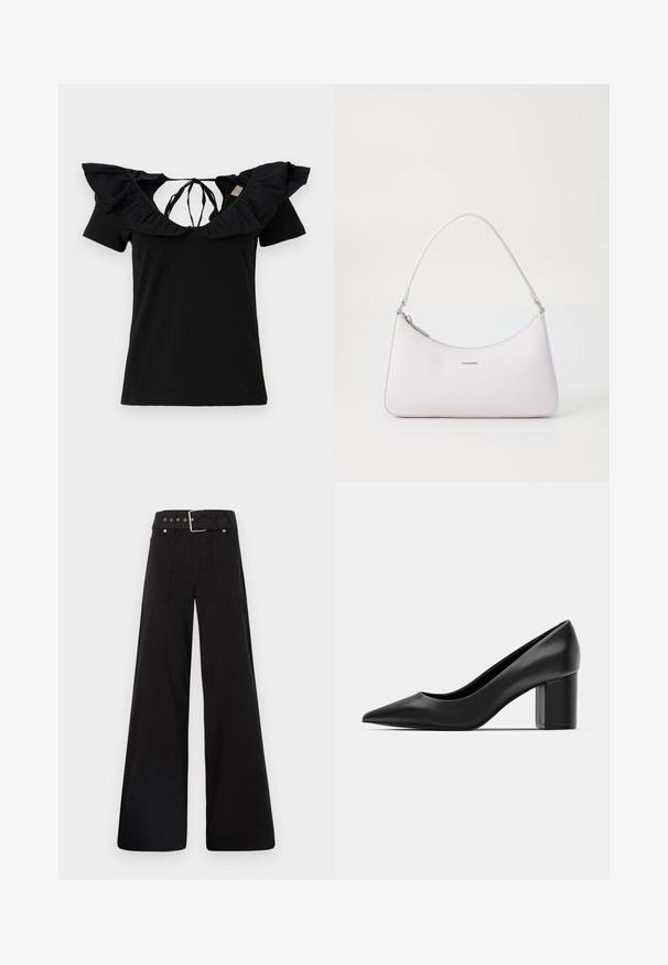 Black t-shirt with short sleeves, featuring a wide ruffled neckline and ties at the back. Smooth texture, classic fit, and minimalist design.; Black wide-leg trousers made from cotton, featuring a high waist, large side pockets, and a belted waist with silver hardware accents.; Black leather pump with a pointed toe and a chunky square heel. Smooth texture, simple design, suitable for formal settings.; Pink leather shoulder bag with a curved design, zipper closure, and silver hardware accents. Minimalist logo on the front.