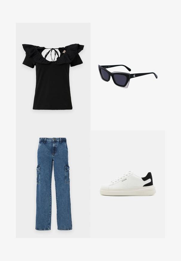 Black t-shirt with short sleeves, featuring a wide ruffled neckline and ties at the back. Smooth texture, classic fit, and minimalist design.; Blue denim cargo pants with a relaxed fit, featuring two side pockets, reinforced stitching, and a straight leg design.; White leather sneakers with a thick white sole, black suede heel accent, and embossed logo on the side. Laced design with six eyelets.; Black oversized sunglasses with a geometric shape, featuring dark lenses and a contrasting grey detail on the frame. Logo on the arm.