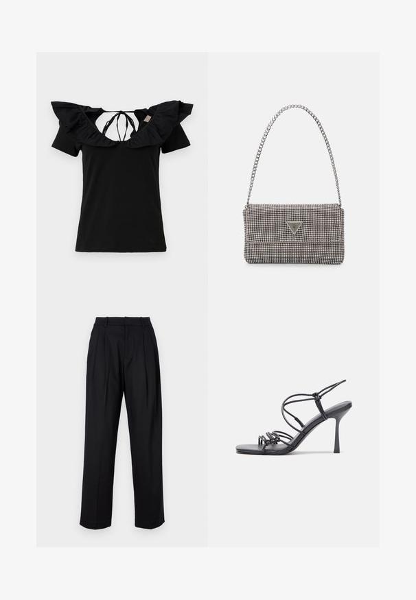 Black t-shirt with short sleeves, featuring a wide ruffled neckline and ties at the back. Smooth texture, classic fit, and minimalist design.; Black trousers with a tailored design, featuring a high waist, pleats, and straight leg cut. Made from smooth fabric with a solid color.; Black high-heeled sandals feature thin straps with a knotted design, a smooth square toe, and a sleek stiletto heel.; Light gray metallic handbag featuring a chain strap, embellished with small circular metallic studs and a triangular brand logo.; Silver hoop earrings with a smooth, shiny finish. Rounded shape, lightweight design, featuring a post-back closure.
