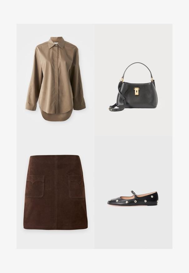 Καφέ μακρυμάνικο πουκάμισο από λείο ύφασμα, με μυτερό γιακά, μπροστινή κουμπί και στρογγυλή ραφή στην πλάτη.; Καφέ σουέντ φούστα με κλασικό σχήμα Α-line, δύο μπροστινές τσέπες με στρογγυλές καπάκια και διακριτές ραφές.; Μαύρο δερμάτινο παπούτσι Mary Jane με επίπεδη σόλα και στρογγυλή μύτη, διακοσμημένο με ασημένιες κυκλικές καρφίτσες και ρυθμιζόμενη λουρί με αγκράφα.; Μαύρη δερμάτινη τσάντα χειρός με υφή, που διαθέτει κλείσιμο με χρυσό κλείδο, κοντή λαβή και αποσπώμενο λουρί ώμου.