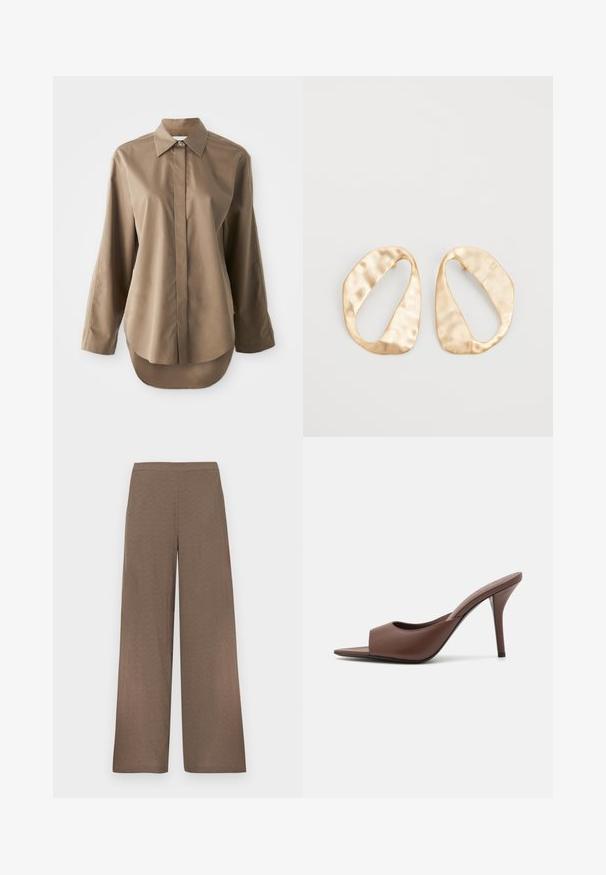 Brown long-sleeve shirt made of smooth fabric, featuring a pointed collar, front button closure, and a rounded hem at the back.; Wide-leg brown trousers with flat waistband, no visible pockets or fastenings, displayed on a white background.; Brown leather open-toe high-heeled mules with a sleek design, featuring a wide front strap and a slender stiletto heel.; Pair of irregular oval-shaped gold-toned metal earrings with a textured, slightly hammered surface on a white background.