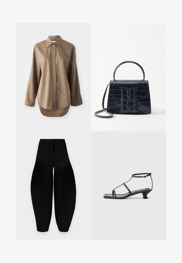 Hnedá košeľa s dlhým rukávom z hladkého materiálu, s vyvýšeným golierom, predným zapínaním na gombíky a zaobleným lemom vzadu.; Čierne široké nohavice s vysokým pásom, skladaným predným dielom a užšími členkami. Vyrobené z hladkej látky s matným povrchom.; Čierna kožená sandála so štvorcovou špičkou, tenkými popruhmi, nastaviteľným pásikom okolo členka a nízkym podpätkom. Obsahuje malý zlatý akcent na popruhu.; Čierna kabelka z krokodílovej embosovanej kože so štruktúrovaným dizajnom, horným uchom, nastaviteľným popruhom a výrazným predným logom.; Brošňa v zlatej farbe s uzlovým dizajnom, hladkými, zakrivenými líniami a zložitým tvarom, ktorá odráža leštený povrch.
